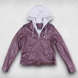J2 Faux Leather Jacket Women L Burgundy Zip In Hood Faux Fur Lined Edgy Biker